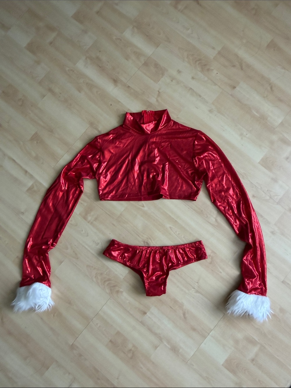 Forplay Red Metallic Christmas Holiday Crop Top and Cheeky Panty Set